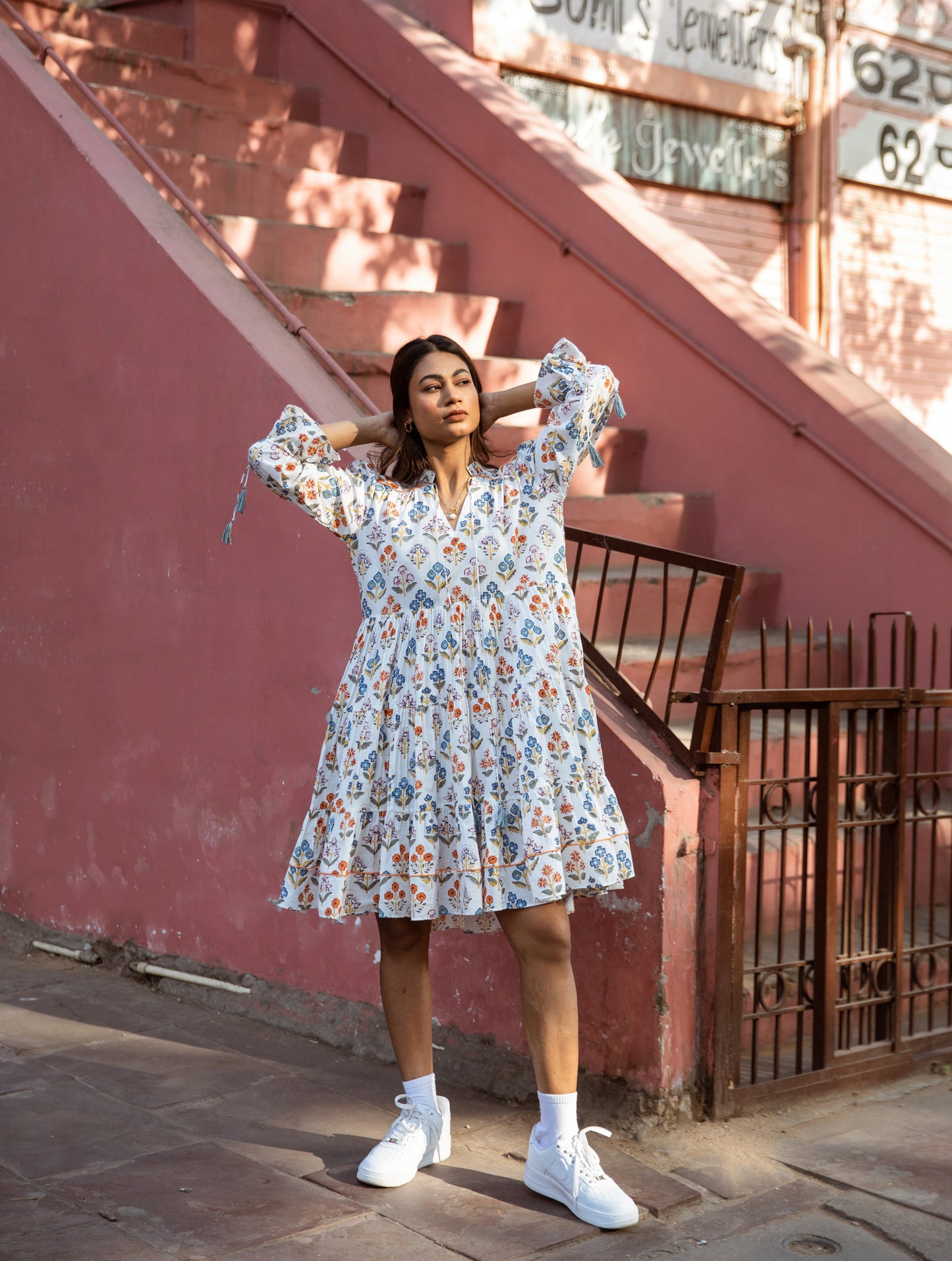 White Printed Box Pleated Dress