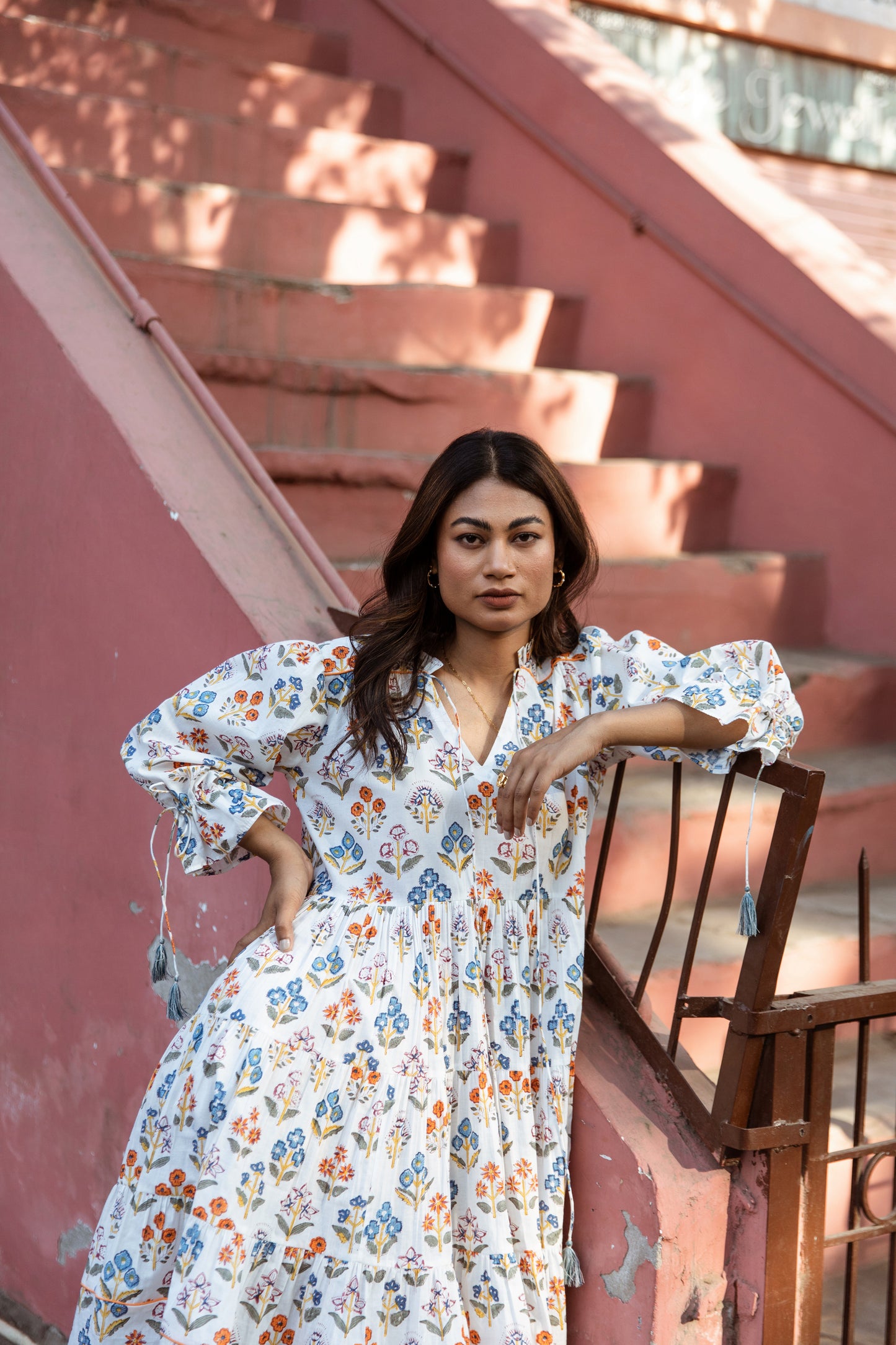 White Printed Box Pleated Dress