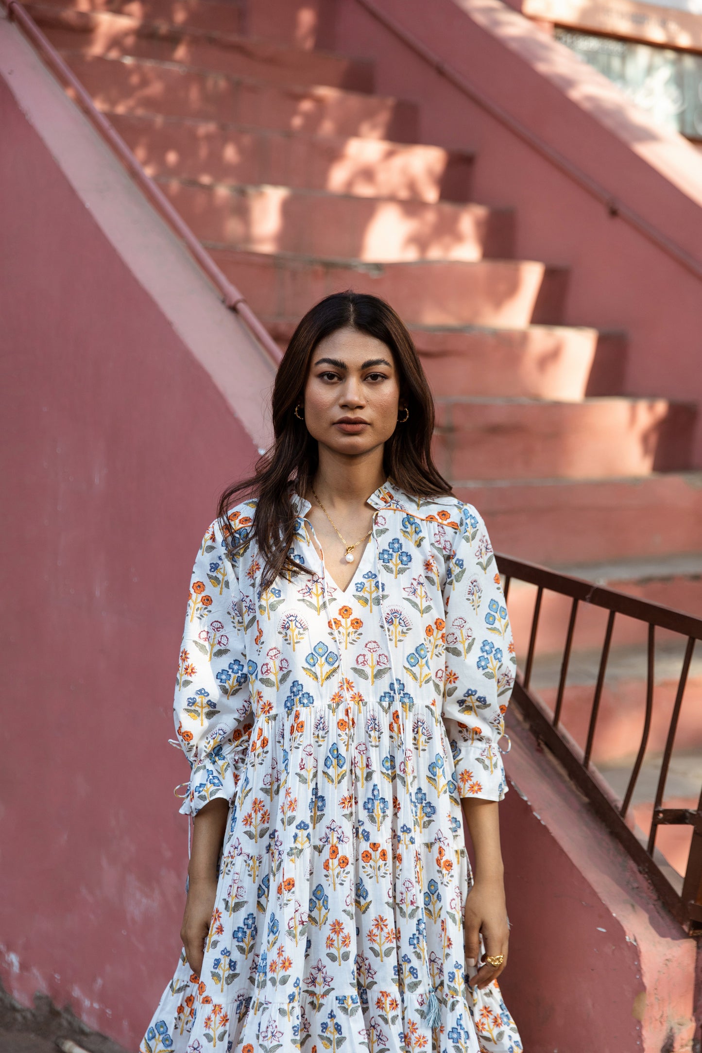 White Printed Box Pleated Dress