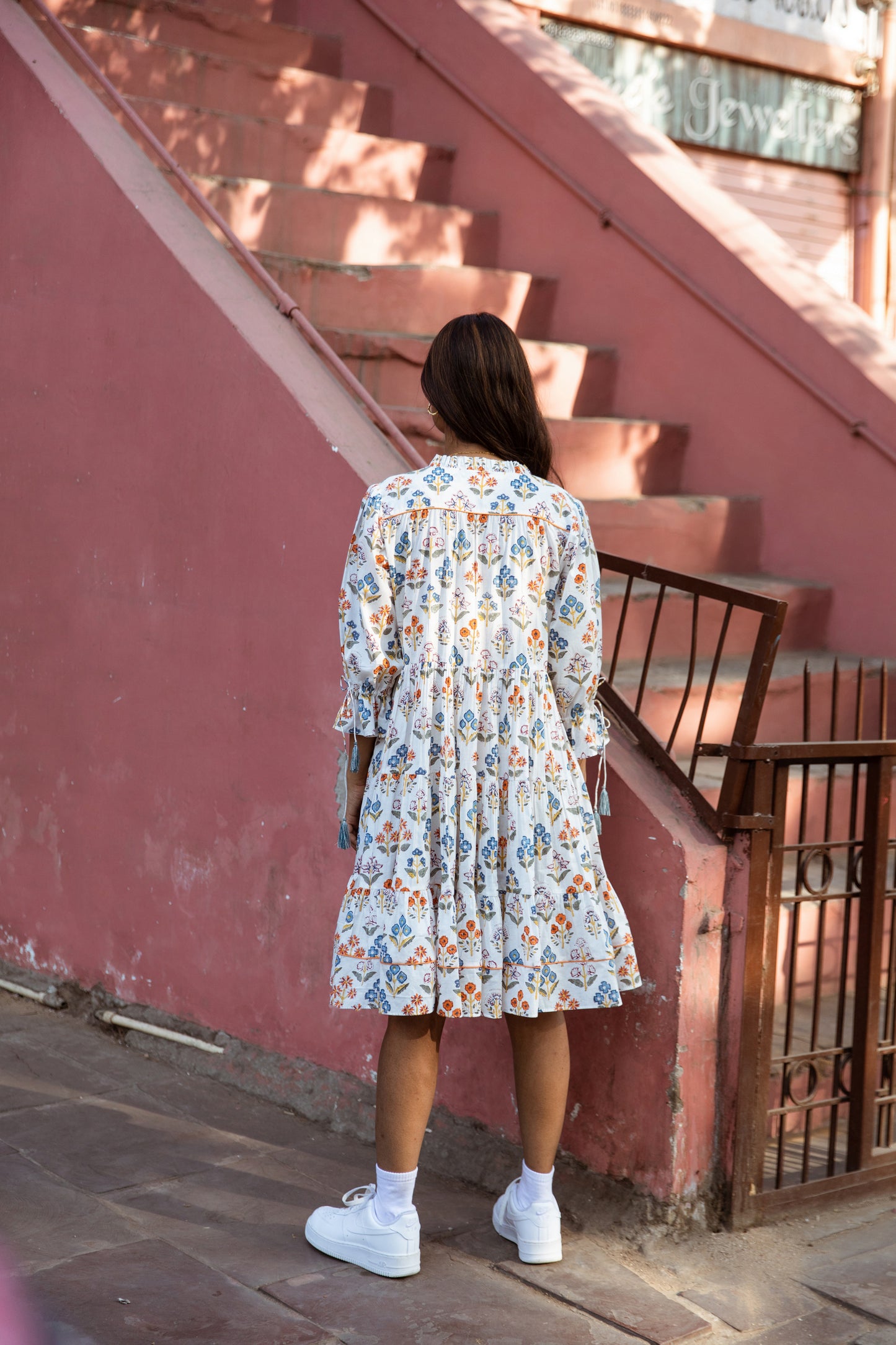 White Printed Box Pleated Dress