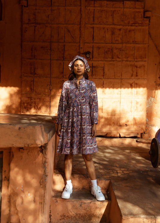 Blue Printed Collar Neck Dress