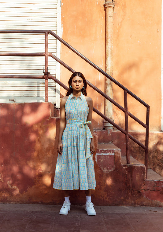 Blue Halter Collar Neck Dress