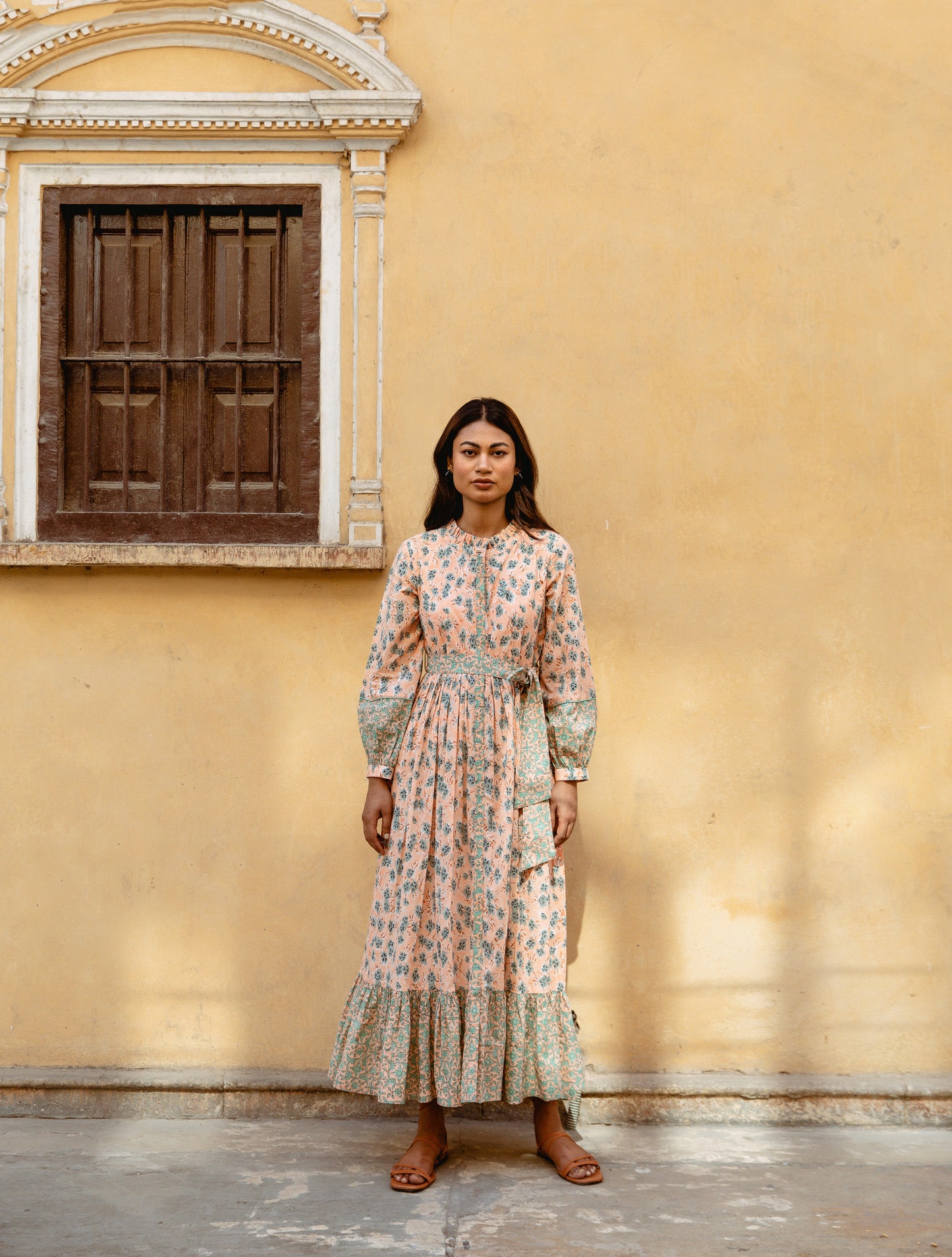 Peach Gathered Dress with Belt