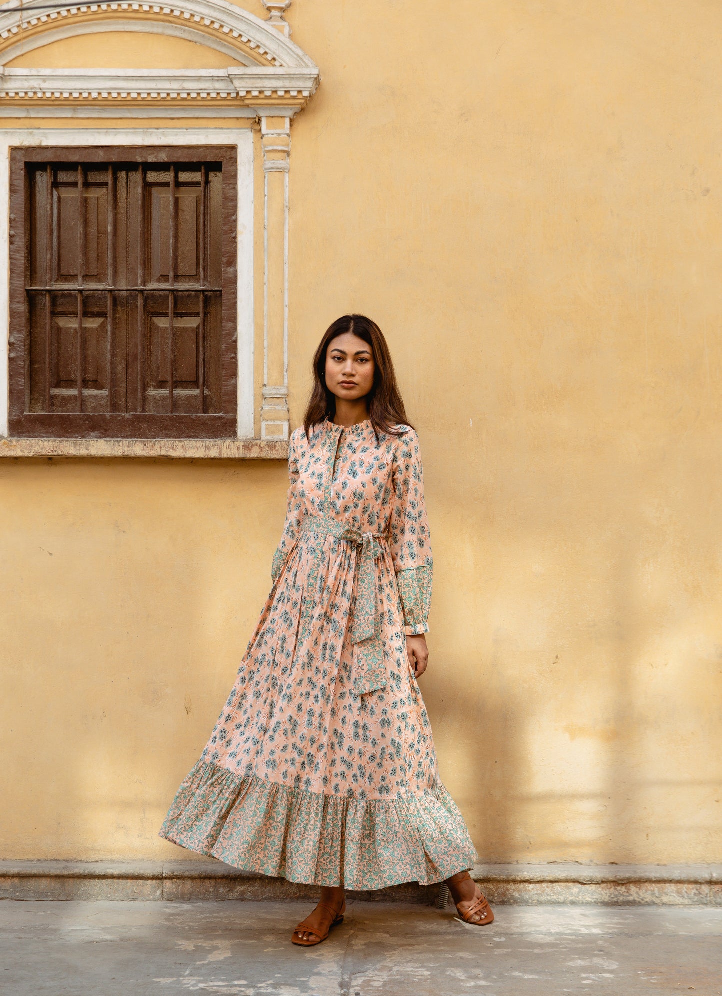 Peach Gathered Dress with Belt