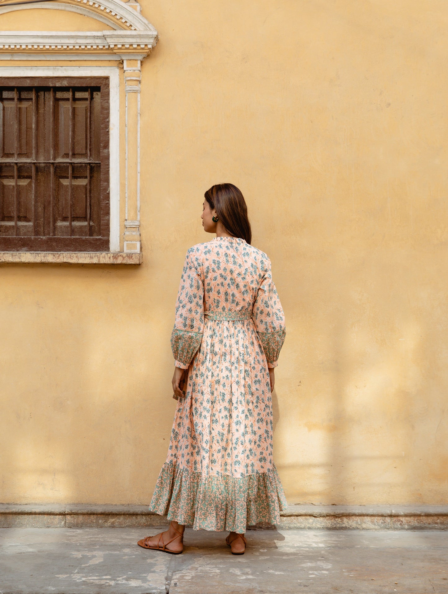 Peach Gathered Dress with Belt