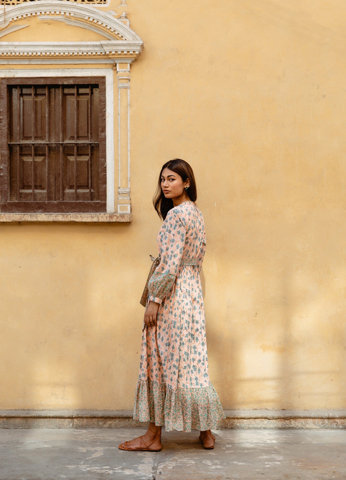 Peach Gathered Dress with Belt