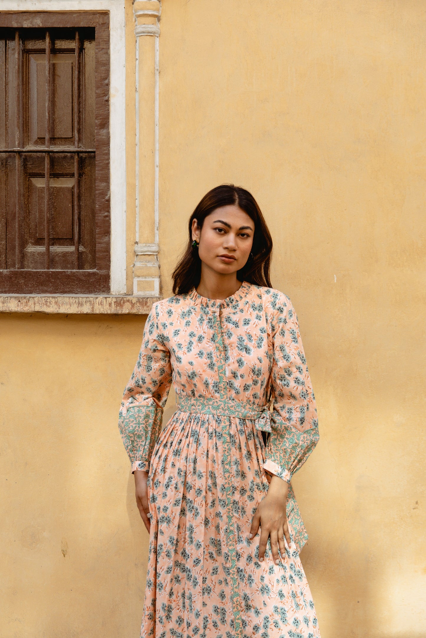 Peach Gathered Dress with Belt