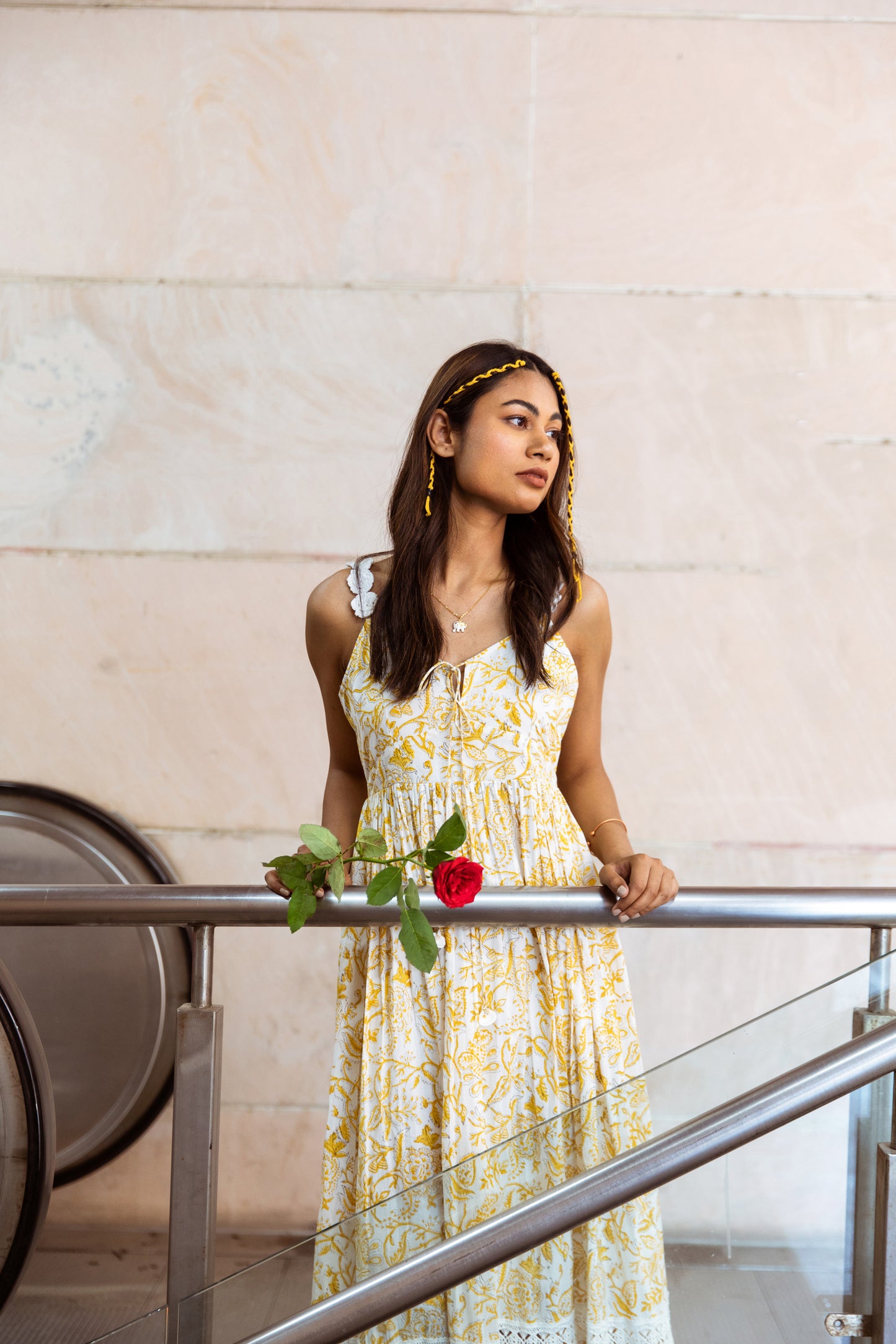 Yellow Gather Strappy Dress