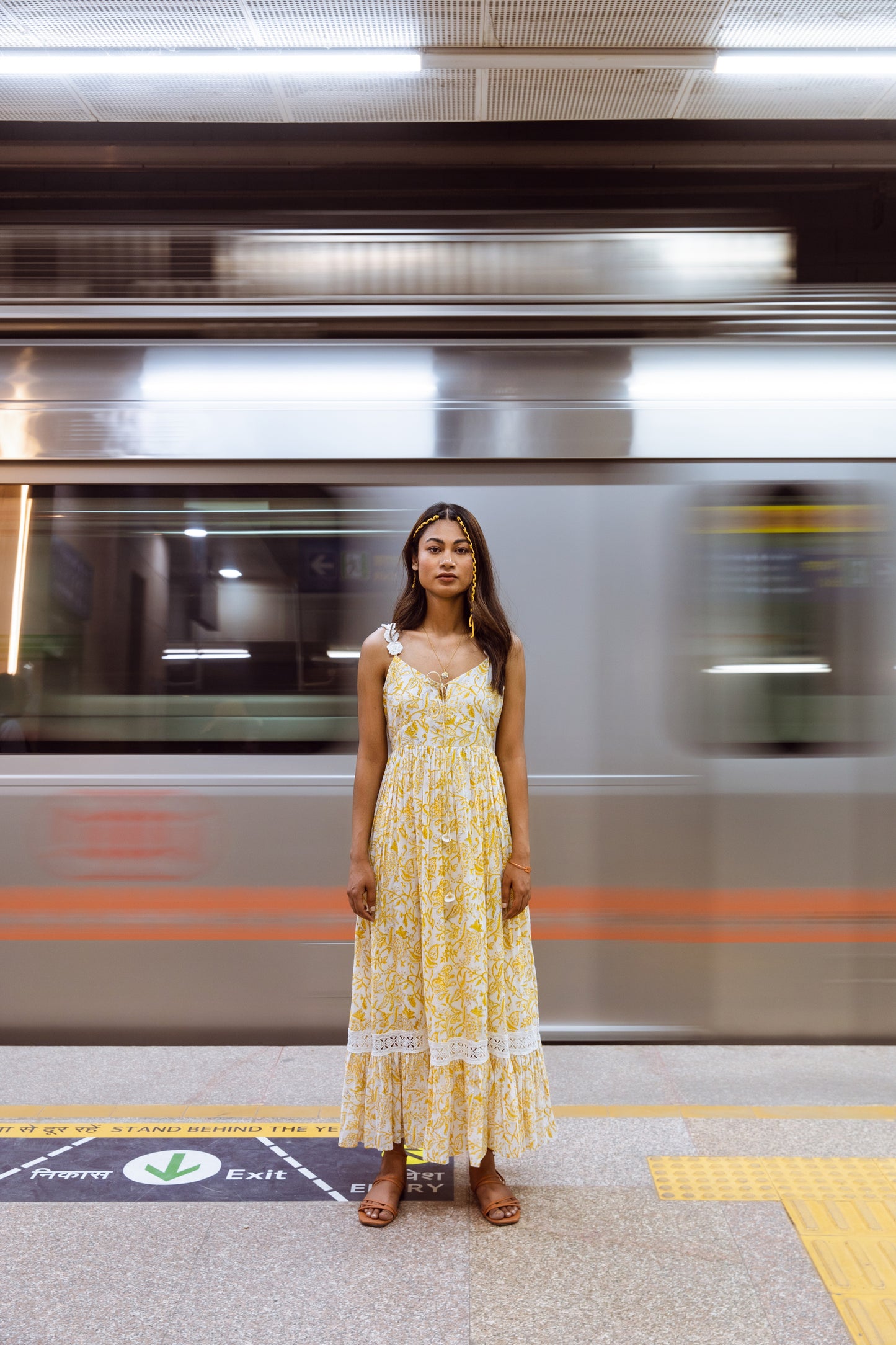 Yellow Gather Strappy Dress