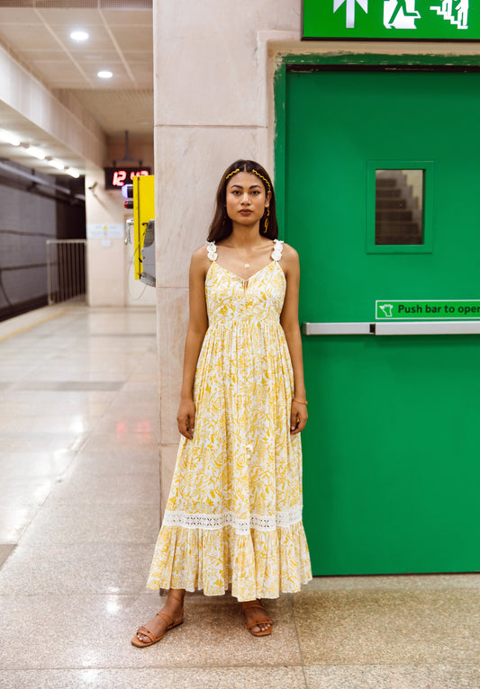 Yellow Gather Strappy Dress