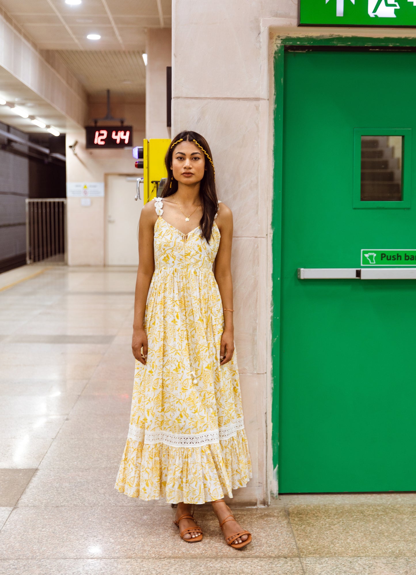 Yellow Gather Strappy Dress