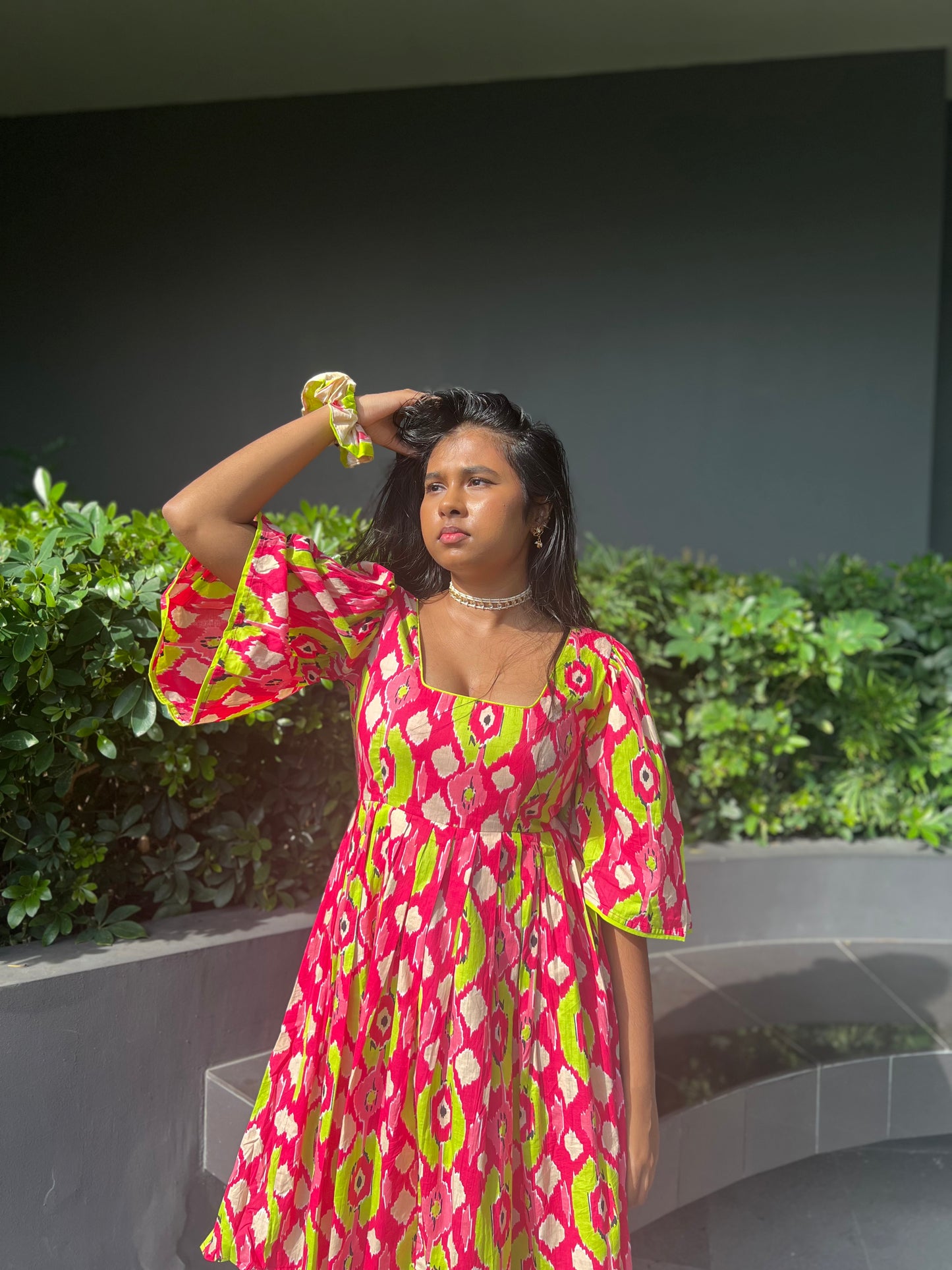 Pink Printed Sleeved Short Dress