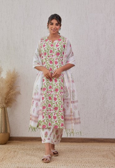 Pink Floral Hand Block Printed Cotton Kurta Set with Dupatta