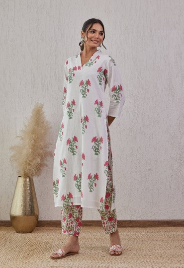 White and Pink Floral Hand Block Printed Cotton Kurta Set with Dupatta