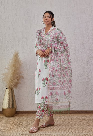 White and Pink Floral Hand Block Printed Cotton Kurta Set with Dupatta