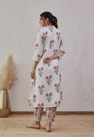 White and Pink Floral Hand Block Printed Cotton Kurta Set with Dupatta