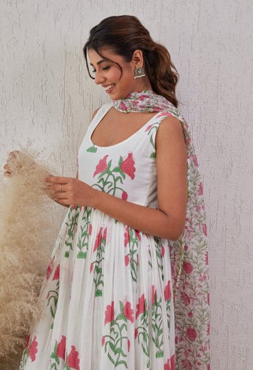 White and Pink Floral Hand Block Printed Cotton Anarkali Set with Dupatta