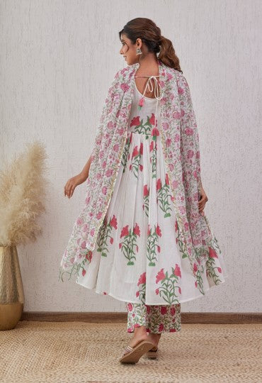 White and Pink Floral Hand Block Printed Cotton Anarkali Set with Dupatta