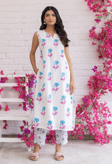 White and Blue Floral Hand Block Printed Sleeveless Cotton Kurta Set