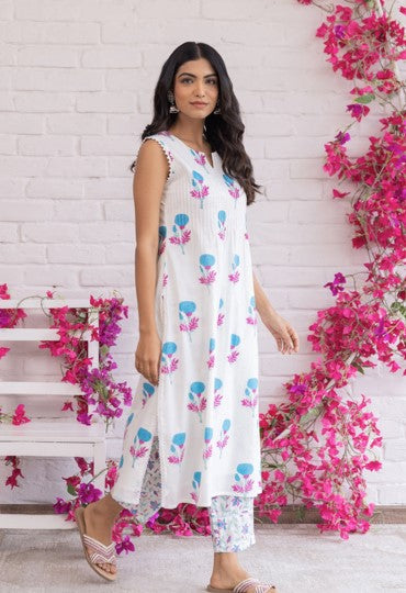 White and Blue Floral Hand Block Printed Sleeveless Cotton Kurta Set