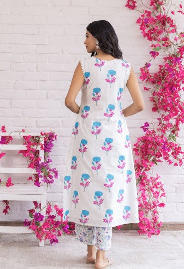 White and Blue Floral Hand Block Printed Sleeveless Cotton Kurta Set