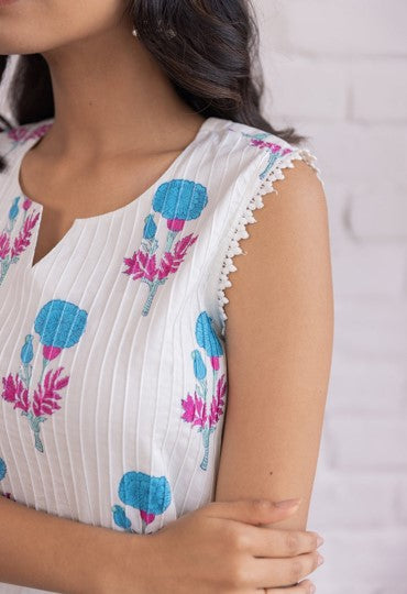 White and Blue Floral Hand Block Printed Sleeveless Cotton Kurta Set