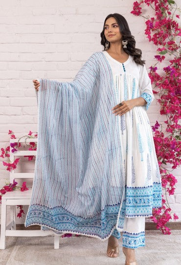 White and Blue Floral Hand Block Printed Cotton Anarkali Set with Dupatta