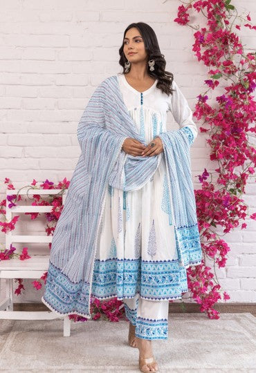 White and Blue Floral Hand Block Printed Cotton Anarkali Set with Dupatta