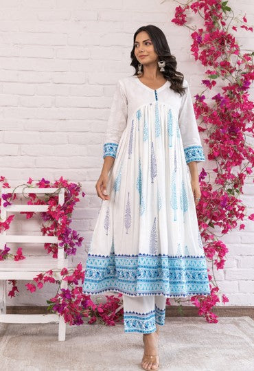 White and Blue Floral Hand Block Printed Cotton Anarkali Set with Dupatta