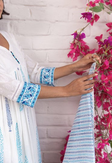 White and Blue Floral Hand Block Printed Cotton Anarkali Set with Dupatta