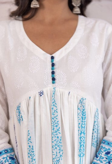 White and Blue Floral Hand Block Printed Cotton Anarkali Set with Dupatta