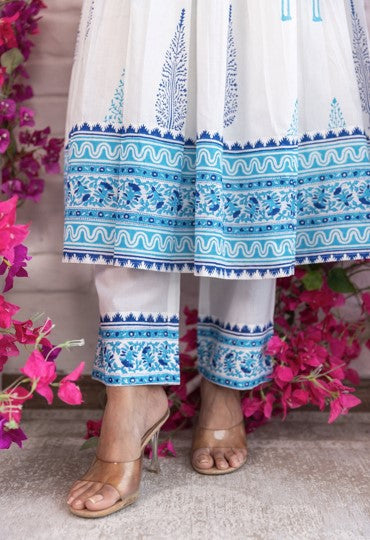 White and Blue Floral Hand Block Printed Cotton Anarkali Set with Dupatta