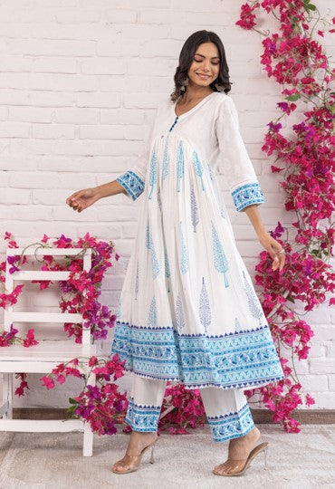 White and Blue Floral Hand Block Printed Cotton Anarkali Set with Dupatta