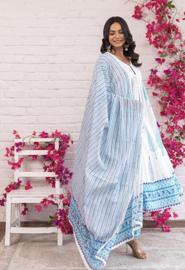 White and Blue Floral Hand Block Printed Cotton Anarkali Set with Dupatta