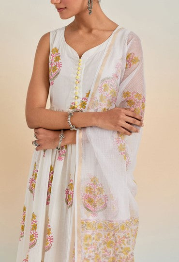 White Sleeveless Hand Block Printed Kurta Set With Dupatta