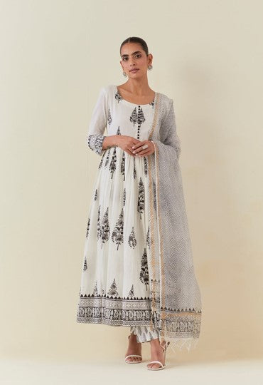 White And Black Hand Block Printed Anarkali With Doriya Dupatta And Bottoms