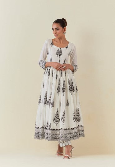 White And Black Hand Block Printed Anarkali With Doriya Dupatta And Bottoms