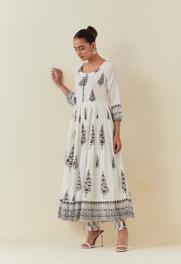 White And Black Hand Block Printed Anarkali With Doriya Dupatta And Bottoms