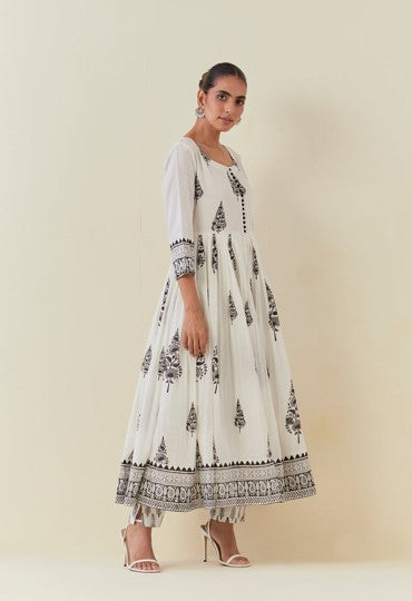 White And Black Hand Block Printed Anarkali With Doriya Dupatta And Bottoms