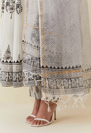 White And Black Hand Block Printed Anarkali With Doriya Dupatta And Bottoms