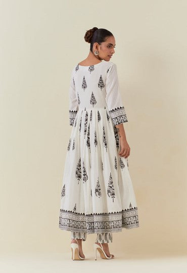 White And Black Hand Block Printed Anarkali With Doriya Dupatta And Bottoms