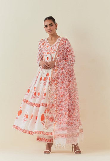 Floral Hand Block Printed Anarkali With Doriya Dupatta And Bottoms