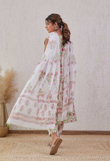 Pink Floral Hand Block Printed Cotton Kurta Set with Dupatta