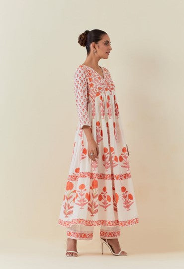 Floral Hand Block Printed Anarkali With Doriya Dupatta And Bottoms