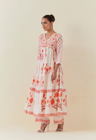 Floral Hand Block Printed Anarkali With Doriya Dupatta And Bottoms