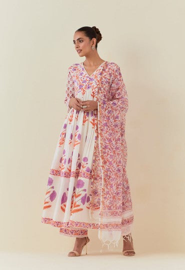 Floral Hand Block Printed Anarkali With Doriya Dupatta And Bottoms