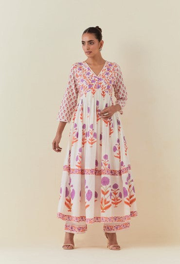 Floral Hand Block Printed Anarkali With Doriya Dupatta And Bottoms