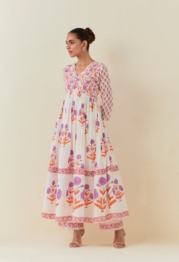 Floral Hand Block Printed Anarkali With Doriya Dupatta And Bottoms