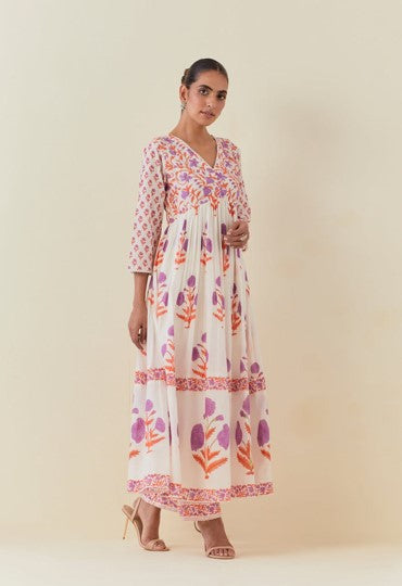 Floral Hand Block Printed Anarkali With Doriya Dupatta And Bottoms