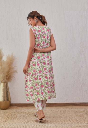 Pink Floral Hand Block Printed Cotton Kurta Set with Dupatta